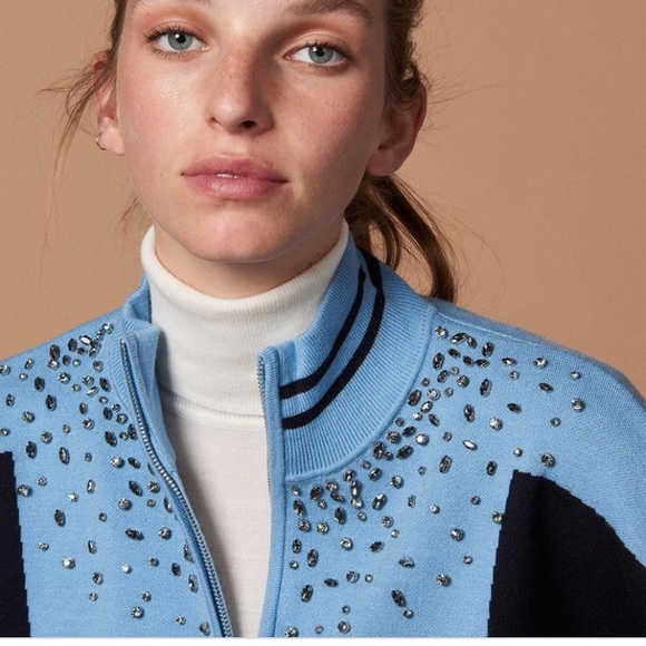SANDRO Blue Embellished Zip Up Jacket - Picture 1 of 8